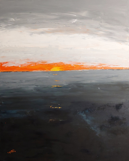Daniel MATHIEU - Peinture - coucher de soleil à l'étang