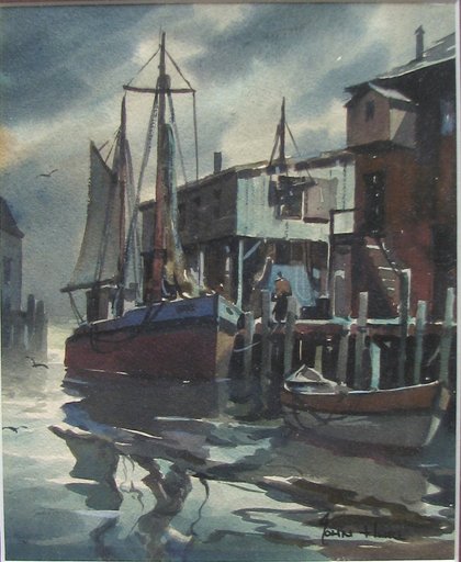 John Cuthbert HARE - Dibujo Acuarela - "Harbor Reflections"