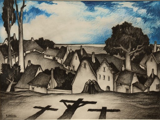 Raymond DIERICKX - Drawing-Watercolor - "L'OMBRE DES CROIX"