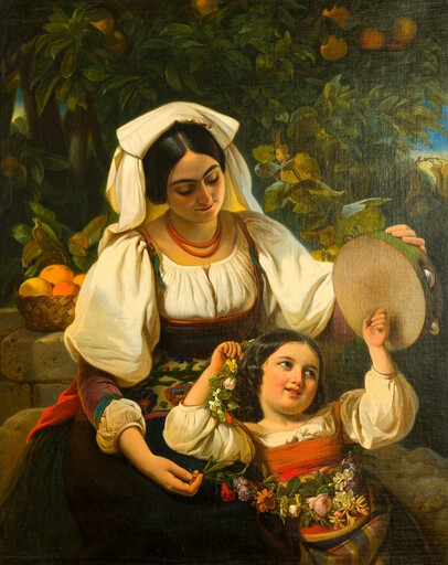 Johann GRUND - Pittura - Mutter und Tochter in Tracht der Albaner Berge unter einem O