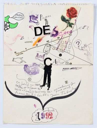 Jean TINGUELY - Disegno Acquarello - Merry Christmas and Happy New Year 1992