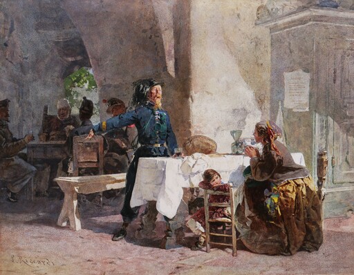 Paolo RICCARDI - Disegno Acquarello - Bersagliere, mendiante et enfant dans une auberge