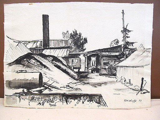 Walter KOHLHOFF - Zeichnung Aquarell - Fabrikgelände mit Kohlenhaufen