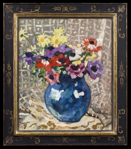 Louis VALTAT - Pintura - Anémones et marguerites au vase bleu