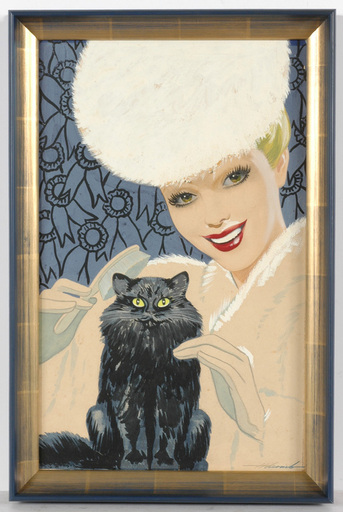 Dal HOLCOMB - Painting - Dal Holcomb (1901-1978) "Beauty with black cat" gouache
