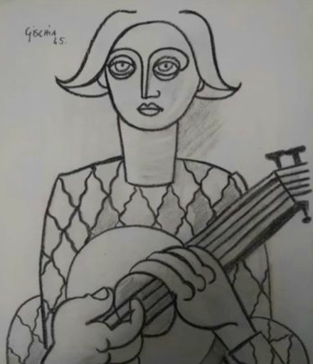 Léon GISCHIA - Drawing-Watercolor - Arlequin guitariste