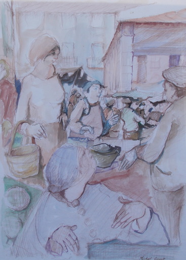 Michel GUYOT - Drawing-Watercolor - Le marché de Saint Antonin