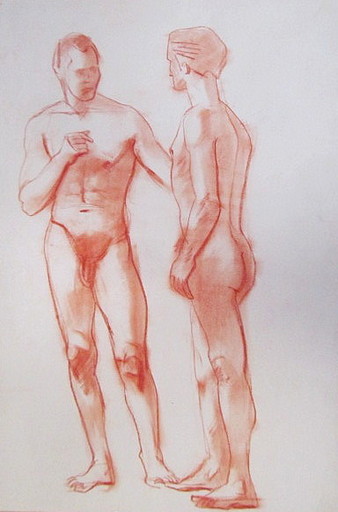 Paul MECHLEN - Disegno Acquarello - Doppelakt zweier Männer. 