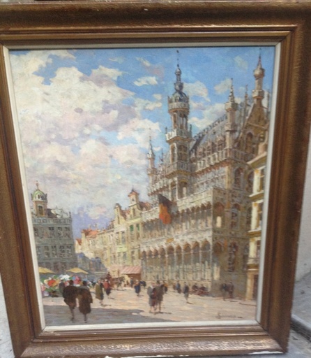 Sophus Theobald LEVINSEN - 绘画 - Marché aux fleurs à La Grand Place de Bruxelles.