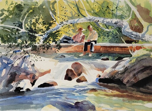 Chet RENESON - Painting - Boys Fishing From Log