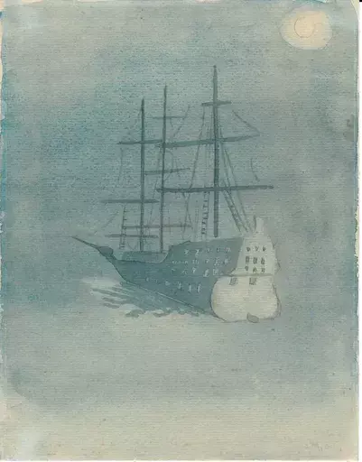 Alexander MÜLLEGG - Drawing-Watercolor - Galleon in the Moonlight Mist