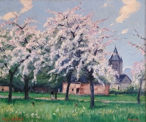 Narcisse GUILBERT - Gemälde - Pommiers en fleurs devant l'église de Canteleu