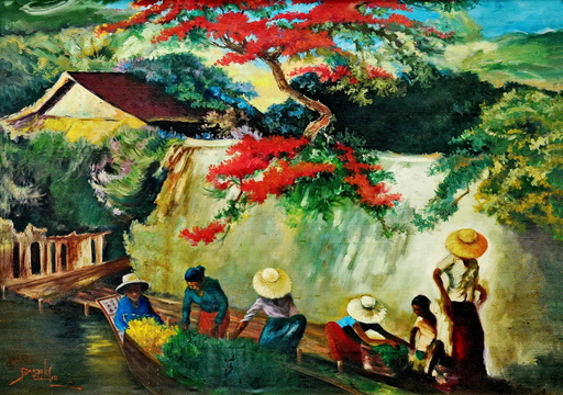 Raden Basoeki ABDULLAH - Gemälde - Flamboyant by the Village’s River, by Basoeki Abdullah