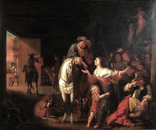 Abraham Danielsz HONDIUS - Pittura - The Halt at the Inn - Paying the Hostess