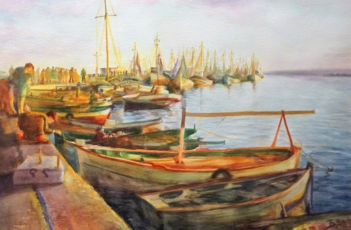 Angeles BENIMELLI - Zeichnung Aquarell - "Puerto Pesquero de Santa Pola " Alicante, España, 1993