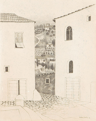 Herbert BREITER - Dibujo Acuarela - Houses and Mountain