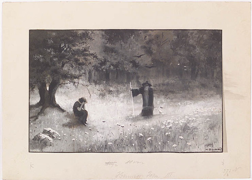 Hugo VON BOUVARD - Disegno Acquarello - "Gretchen in Forest" ca 1900
