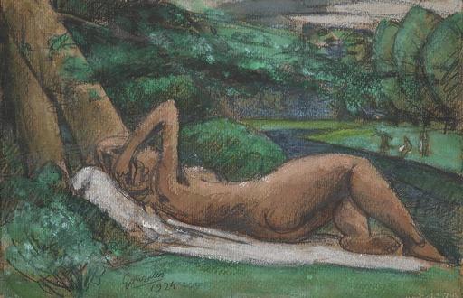 Julio GONZALEZ - Drawing-Watercolor - Nu allongé sous un arbre