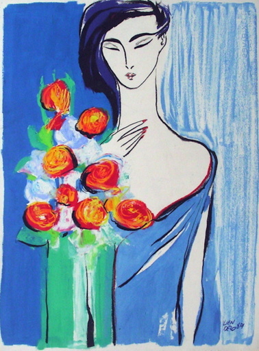Lien DEZO - Dibujo Acuarela - Jeune fille au bouquet