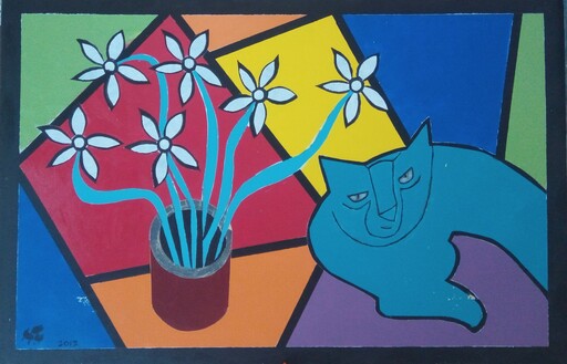 Harry BARTLETT FENNEY - Pintura - le chat vert et six dandelions
