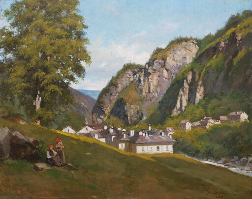 Sébastien Charles GIRAUD - Painting - Paysage d'Italie animé à Melle dans le Piémont