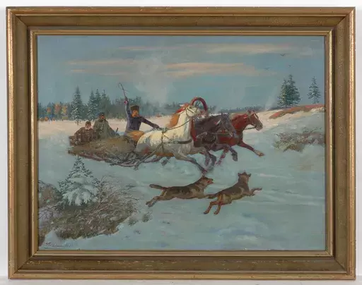 Karl SCHÜNEMANN - Painting - Karl Schuenemann (1871-1968) "Attacked by wolves" oil/canvas