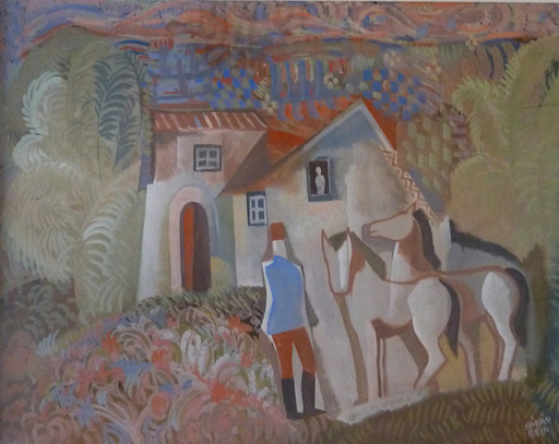Béla KADAR - Painting - Rider and Two Horses in front of a House