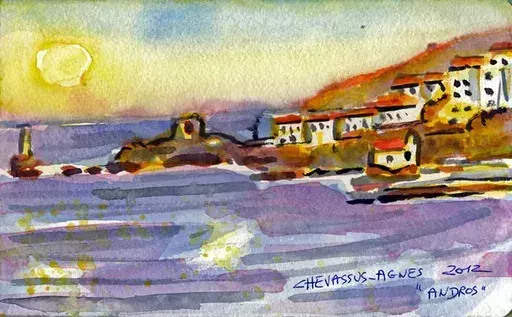 Jean-Pierre CHEVASSUS-AGNES - Dibujo Acuarela - lever du soleil sur ANDROS  CYCLADES  GRECE