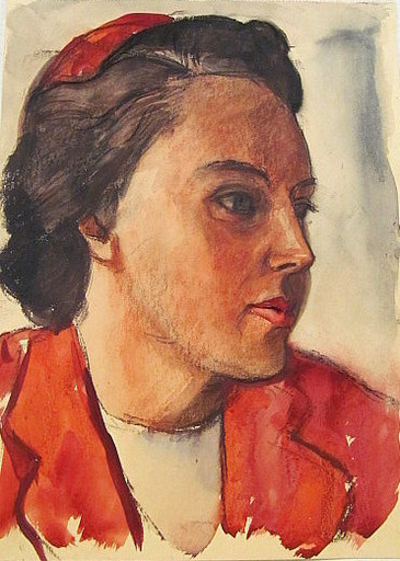 Paul MECHLEN - Disegno Acquarello - Porträt einer Frau im Halbprofil.