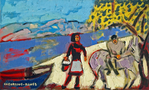Jean-Pierre CHEVASSUS-AGNES - Painting - couple de pêcheurs à MYKONOS  CYCLADES  GRECE