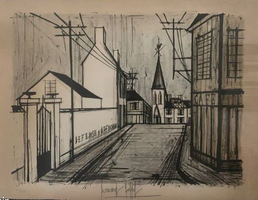 贝纳•毕费 - 版画 - La rue qui monte et l église