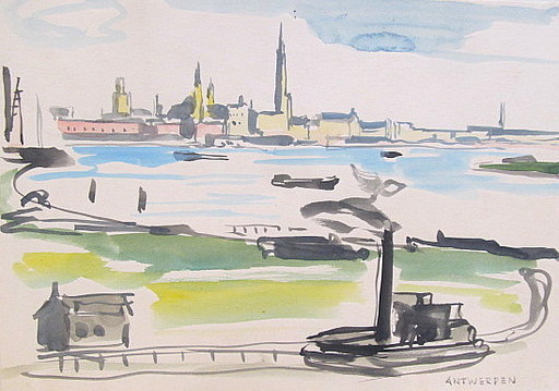Paul MECHLEN - Drawing-Watercolor - Antwerpen. 