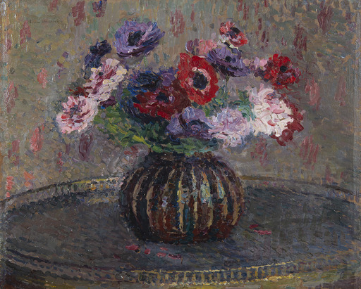 亨利•马丁 - 绘画 - Anémones dans un vase Dalpayrat sur une table bouillotte