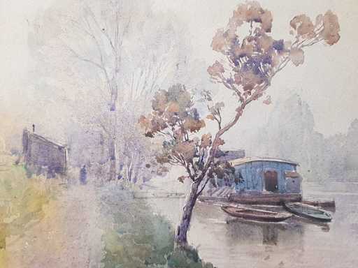 Émile APPAY - Dibujo Acuarela - Brouillard sur la Seine