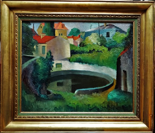 Auguste CLERGÉ - Painting - Paysage au bassin en banlieue