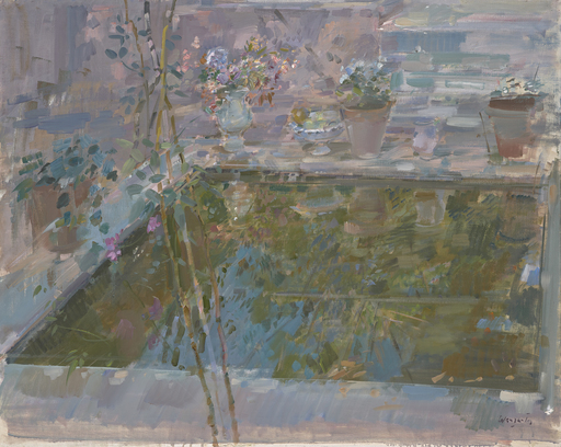 Julián GRAU SANTOS - Painting - Flores junto al estanque