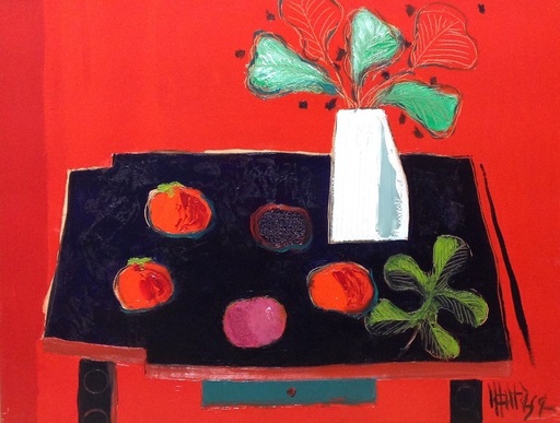 Jean-Pierre MALTESE - Painting - Vase blanc, fleurs et fruits