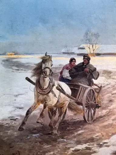Fritz VAN DER VENNE - Peinture - Ausfahrt im Winter im Pferdewagen.