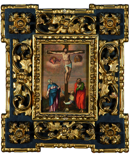 Marcello VENUSTI - Pittura - Cristo crucificado con la Virgen María, San Juan Evangelista