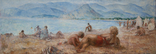 Henri Baptiste LEBASQUE - Peinture - Baigneurs sur la plage de Cagnes-sur-Mer