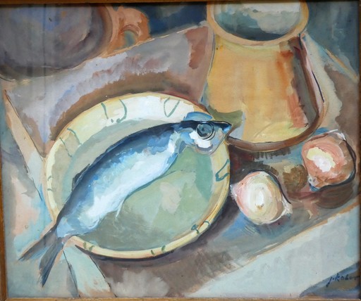 Jan KOBER - Drawing-Watercolor - nature morte au poisson