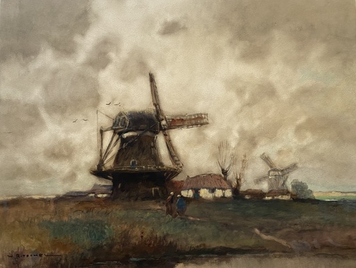 William Frederick RITSCHEL - Dibujo Acuarela - Holland Windmills