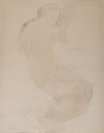 Auguste RODIN - Drawing-Watercolor - Femme nue accoude
