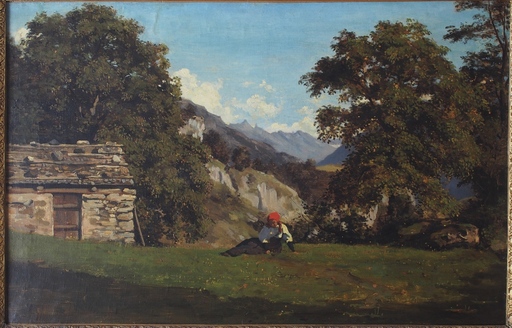 Armand H. LELEUX - Pintura - Paysanne dans un paysage de montagnes   