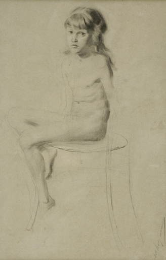 Isidor KAUFMANN - Drawing-Watercolor - The Nude Girl ( Sitzender Mädchenakt )