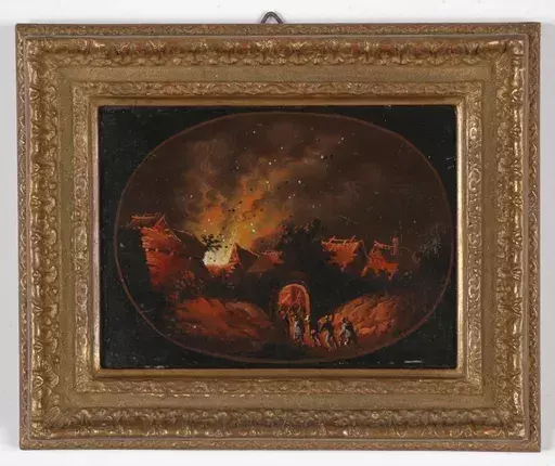 Johann Georg TRAUTMANN - Pittura - "Night Fire", Oil Miniature, middle 18th Century