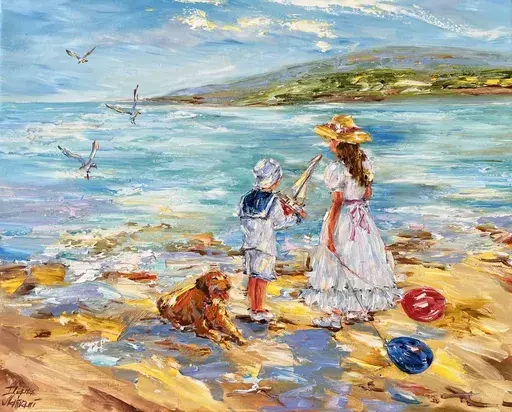 Diana MALIVANI - Peinture - Les enfants au bord de la mer