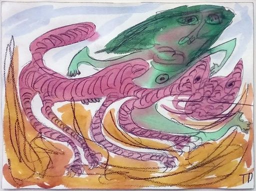 Thornton DIAL - Zeichnung Aquarell - Unknown Title (Pink Cat)