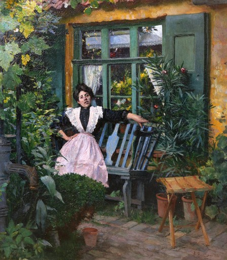 Aloïs BOUDRY - Peinture - Femme au jardin, sans doute la femme de l'artiste