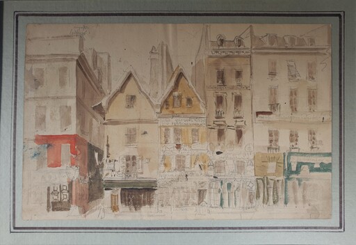 Antoine Baptiste PETIT - Dibujo Acuarela - Vue de la rue Saint Denis dans les années 1830
